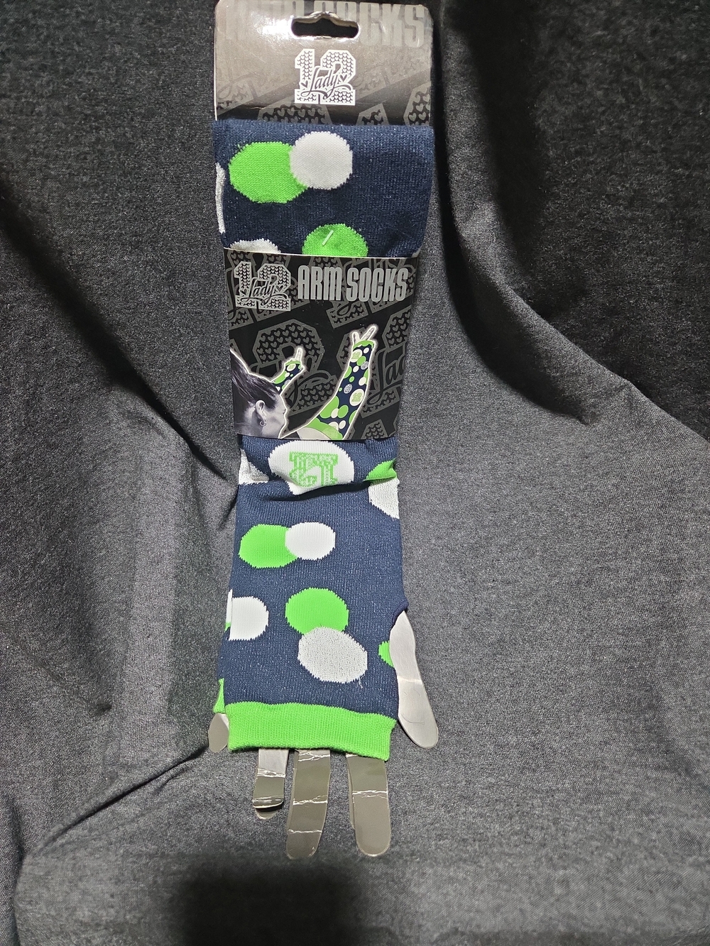 SEAHAWKS Arm Socks - Navy with Green & White Dots